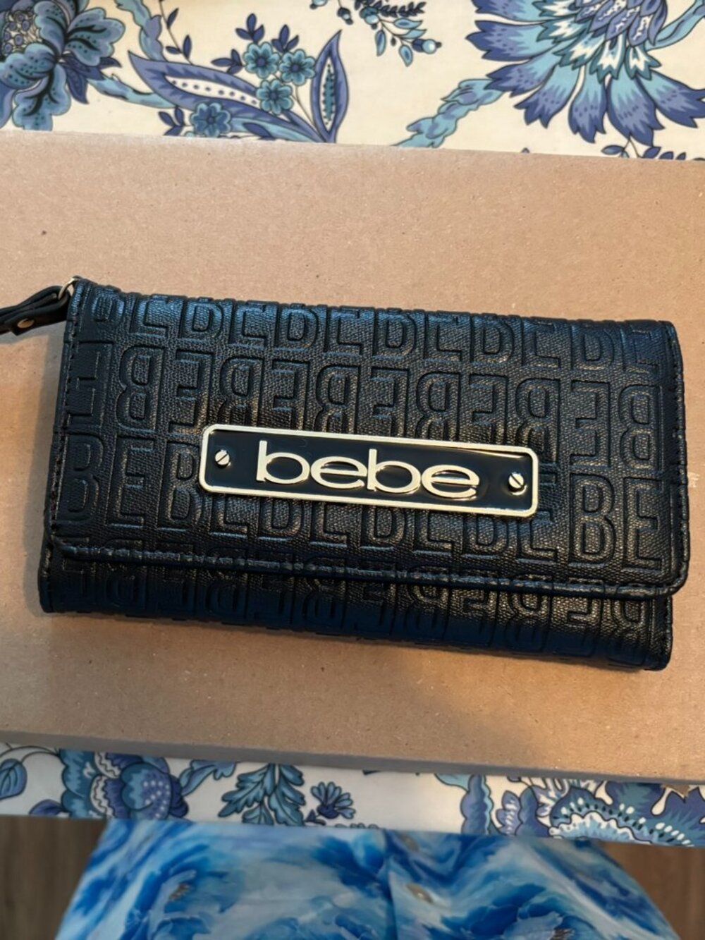 Bebe Black Logo Embossed Wristlet Wallet Gold Hardware NWOT